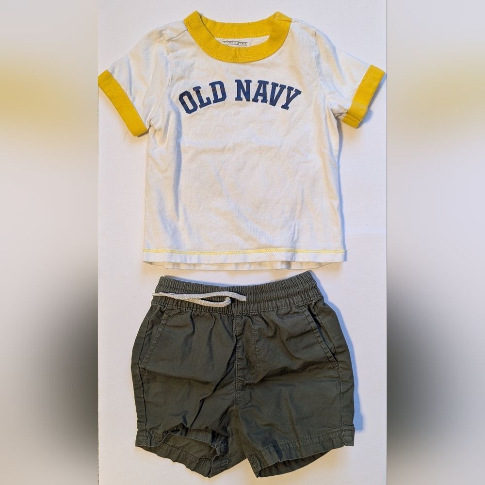 Old Navy Yellow and White Tee with Green Shorts
